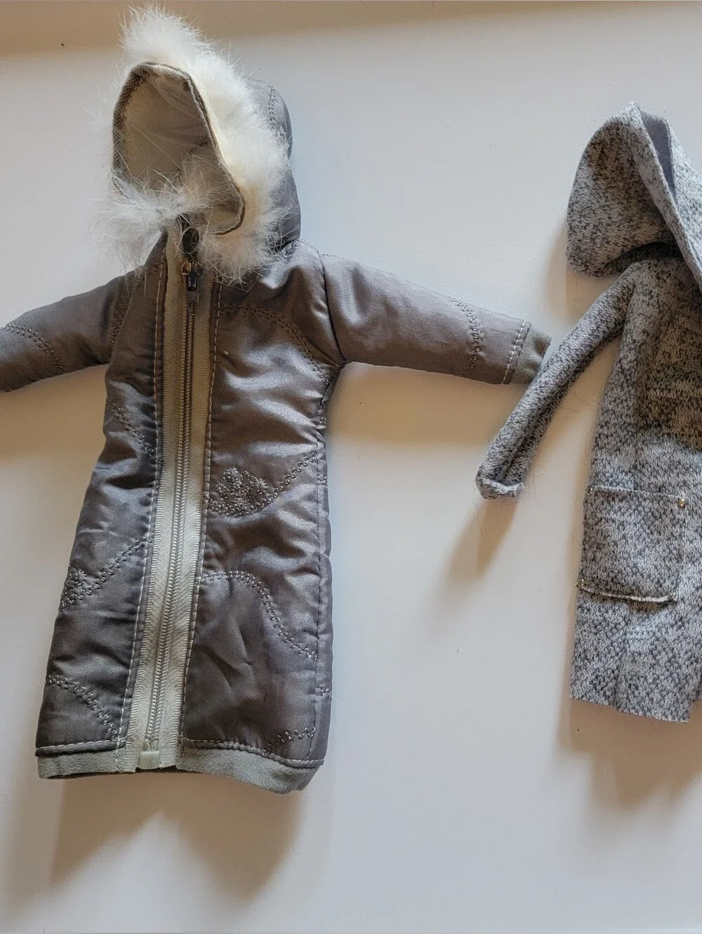 Doll Winter Coat Bundle — Grey Faux-Fur Hooded Puffer + Grey Knit Coat